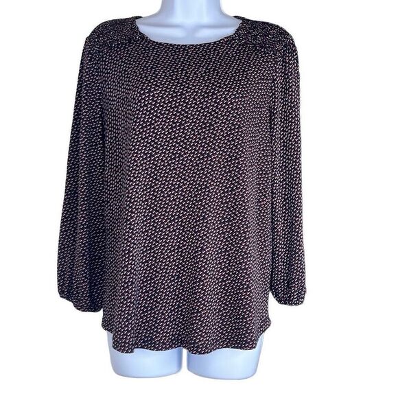 Adrianna Papell Tops - Adrianna Papell Heart Print Black Red Smocked Shoulder Blouse Medium Long Sleeve